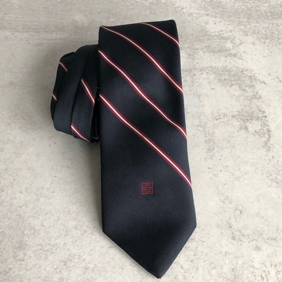Givenchy Gentlemen Paris Mens Tie Navy Blue Red And White Stripe - Picture 2 of 13